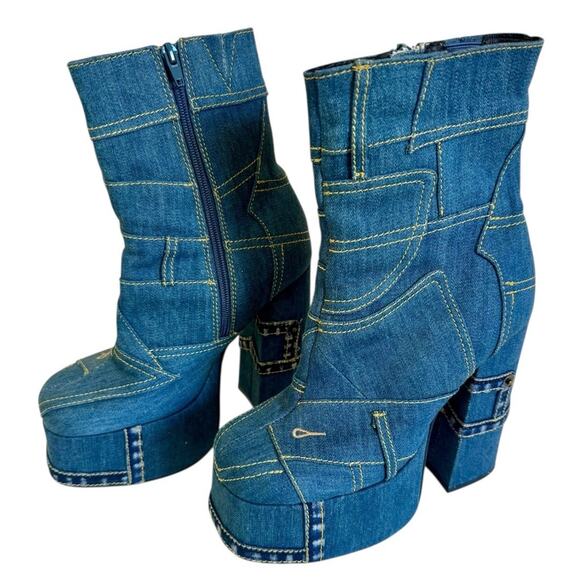 JEFFREY CAMPBELL Patchwork Denim Chunky Platform Cowgirl Rave Western Boots 38 - Picture 3 of 10